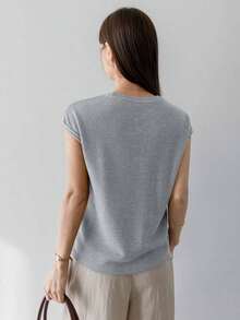-Less Camiseta informal de manga corta con parches de unicolor para mujeres, estilo casual de negocios de verano - Azul - Ver 4