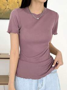 Blusa de punto acanalado con ribete de lechuga, estilo preppy de verano - Púrpura malva - Ver 3