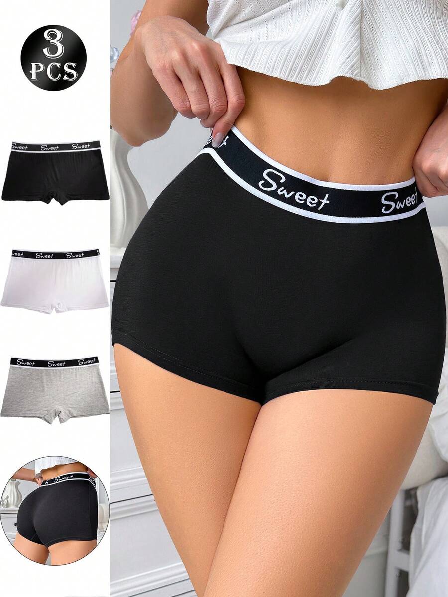 3 Pairs Women Sweet Letter Elastic Waistband Lightweight Breathable Sports Briefs - Multicolor - View 1