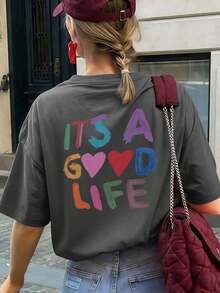 Women's Short-Sleeved T-Shirt With A Round Neck And Colorful Slogan Print, A New Summer Style Suitable For Everyday Wear. Vacation Graphic T-Shirt For Women, White Top For Women - 深灰色 - 查看 1