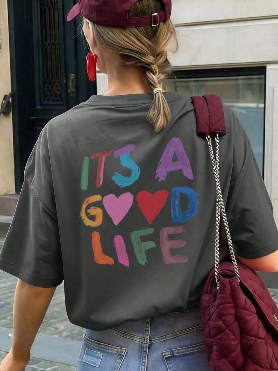 Women's Short-Sleeved T-Shirt With A Round Neck And Colorful Slogan Print, A New Summer Style Suitable For Everyday Wear. Vacation Graphic T-Shirt For Women, White Top For Women - 深灰色 - 查看 1