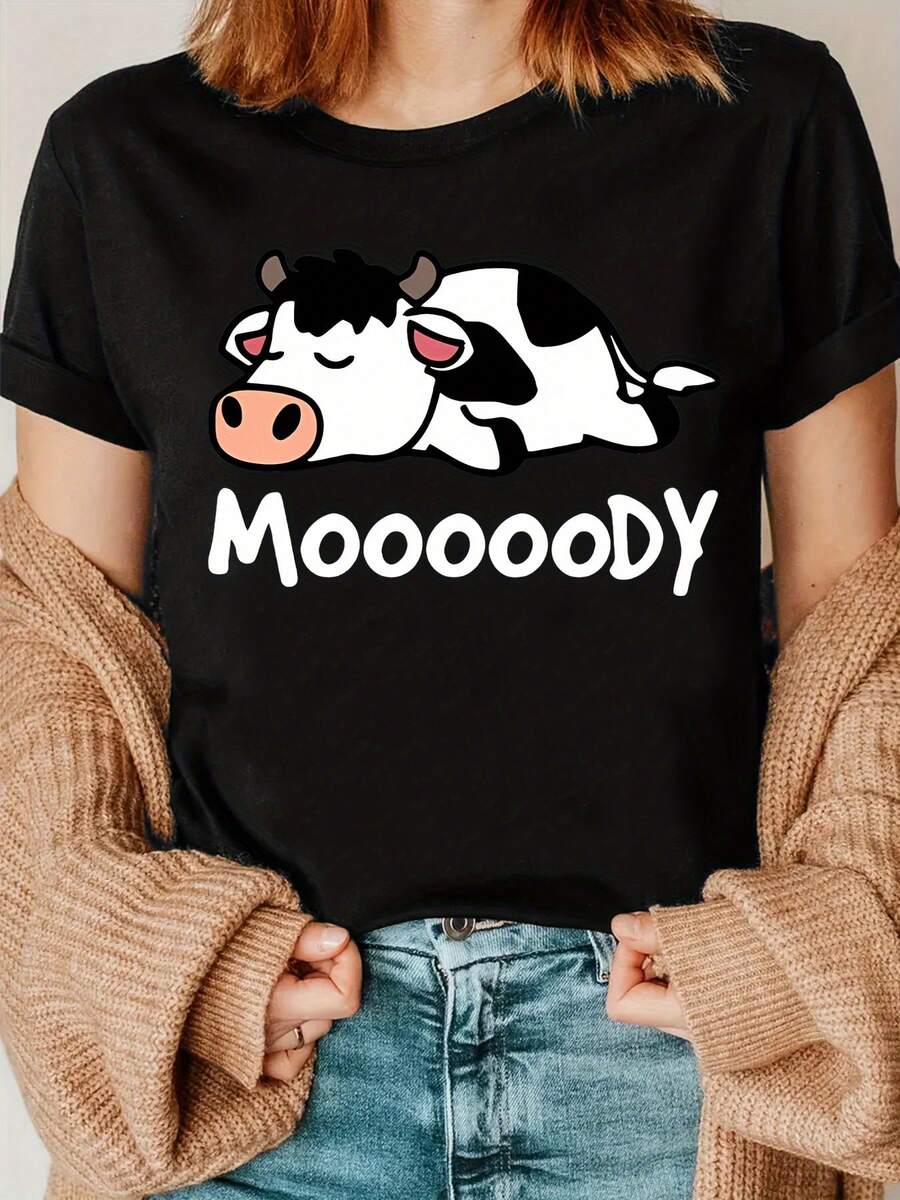 Camiseta Divertida con Estampado de Leche - Negro - Ver 1