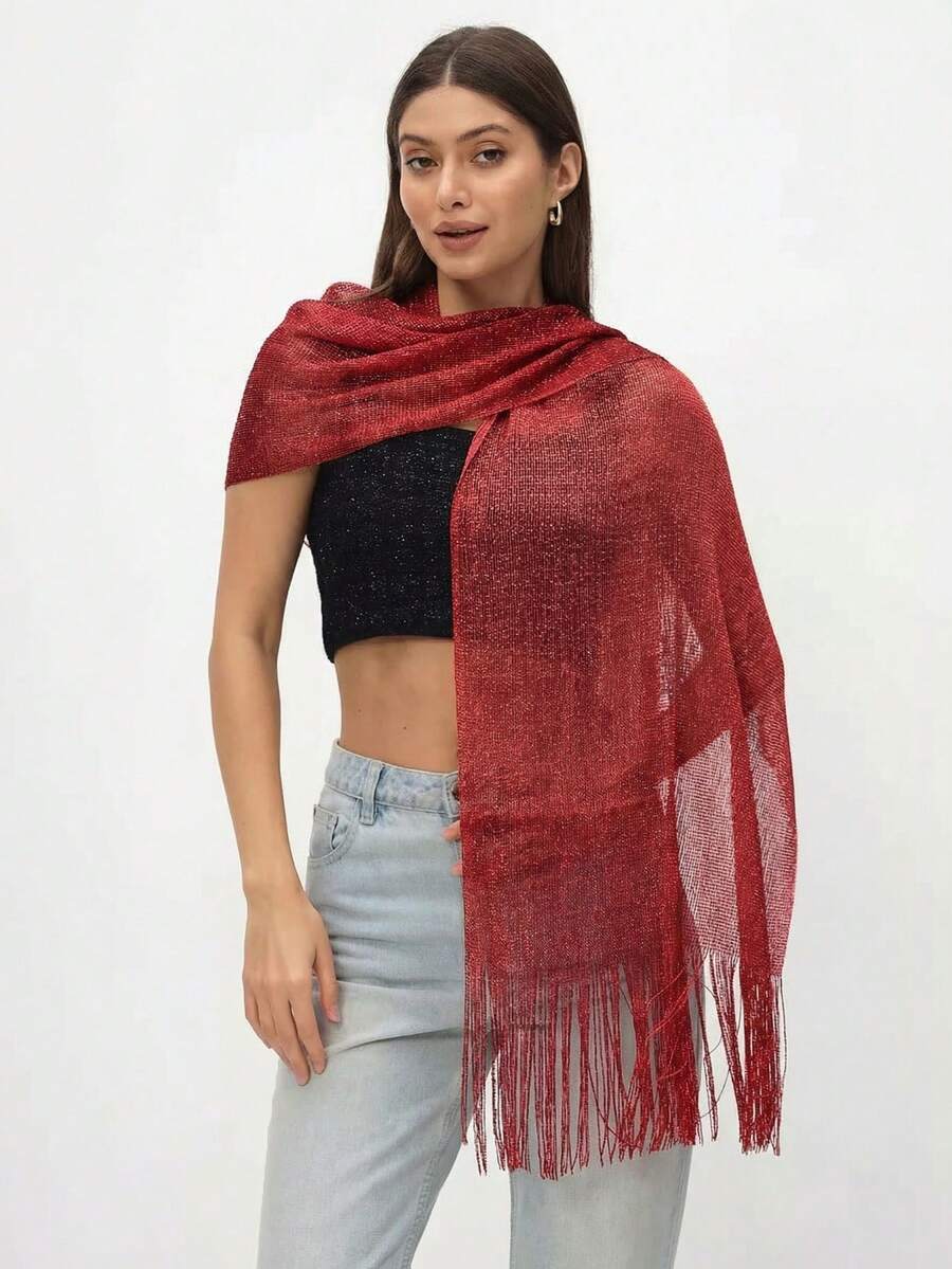1pc Metallic Shiny Shawl With Round Buckle & Tassel Decor, Suitable For Evening Party, Wedding