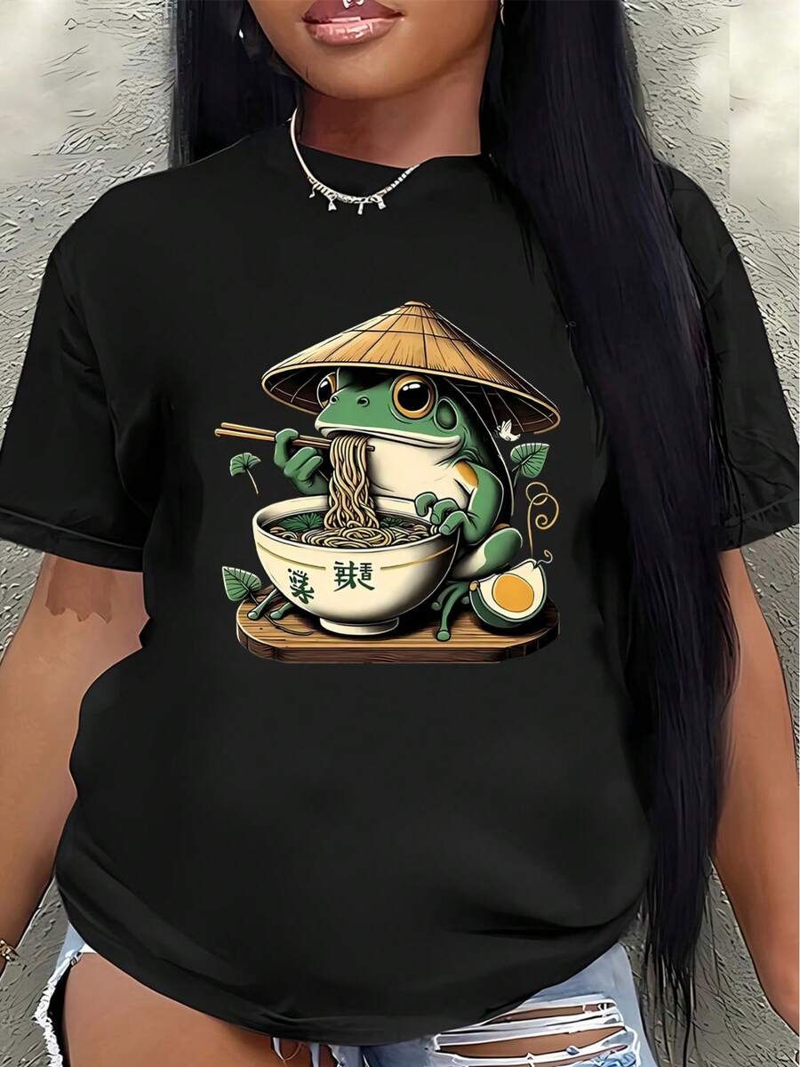 Camiseta de poliéster de manga corta, estampada con un diseño de una rana comiendo fideos, ligera y duradera, adecuada para uso casual en restaurantes o en casa; diseño divertido de animales para adultos, cómoda y ajustada para el uso diario. - Negro - Ver 1