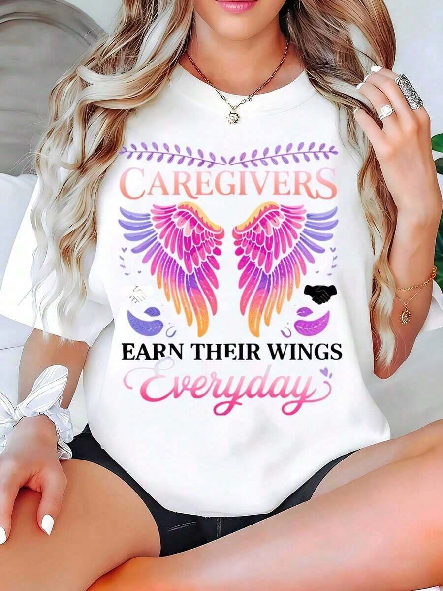 Camiseta de manga corta con cuello redondo para cuidadoras, para el verano y como regalo para cuidadoras y enfermeras. Tela de algodón, lavable a máquina, camiseta casual para mujer, adecuada para ocasiones informales. Blusas para mujer. - Blanco - Ver 1