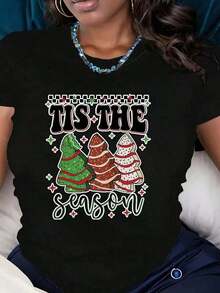 Camiseta Casual de Manga Corta para Mujer con Estampado de Árbol de Navidad, Ideal para Fiestas y Vacaciones, Tejido Cómodo, Perfecta como Regalo. - Negro - Ver 7