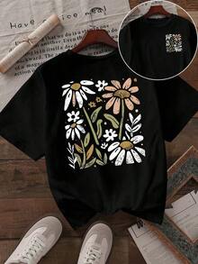 Camiseta de manga corta negra para mujer Howell All-Match Fashion, estampado floral y de margaritas dibujado a mano, casual y fresca, 100% algodón. - Negro - Ver 6