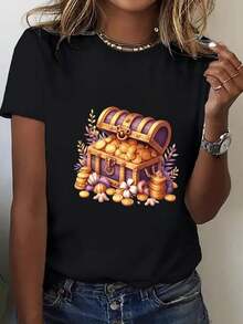 Camiseta Blanca Holgada de Talla para Mujer - Estampado de Monedas del Tesoro Pirata, Top Casual para, Transpirable, de Manga Corta para Verano, Lavable aáquina, Adecuada para Eventos Temáticos Piratas y Estilo Relajado de Fin de Semana - Camiseta Vintage de Estilo Urbano Unisex de Algodón, Manga Corta y Cuello Redondo - Negro - Ver 2
