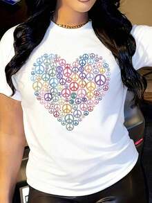 Nueva Llegada 2026: Camiseta con Estampado de Corazón de la Paz: Camiseta Estilo Retro Hippie, Tela Suave, Transpirable, 100% Algodón, para Uso Diario, Camiseta de Mujer con Estampado Gráfico - Blanco - Ver 1