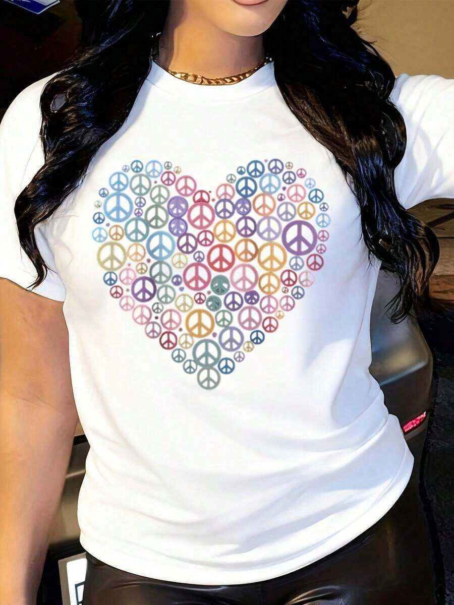 Nueva Llegada 2026: Camiseta con Estampado de Corazón de la Paz: Camiseta Estilo Retro Hippie, Tela Suave, Transpirable, 100% Algodón, para Uso Diario, Camiseta de Mujer con Estampado Gráfico - Blanco - Ver 1