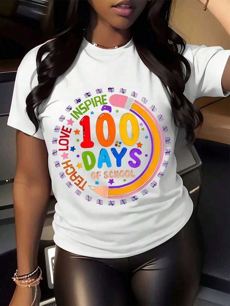 100% algodón puro, para mujer Camiseta Vibrante Gráfico Imprimir Informal Suelto Plus Tamaño Tee - Corto Manga, Redondo Cuello, Mediano Estira, Algodón Tela, Colorido Rotulación Y Icono Diseño, Máquina Lavable Ideal Para Verano - Inspirador Citas, Rotulación Gráficos, Genial Para Maestros Día - Blanco - Ver 1