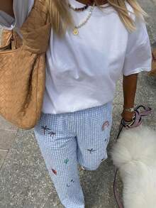 DORISS Summer Vacation Style Blue & White Plaid Wide-Leg Pants, High-Waisted Embroidered Casual Trousers For Daily Wear - Multicolor - View 2