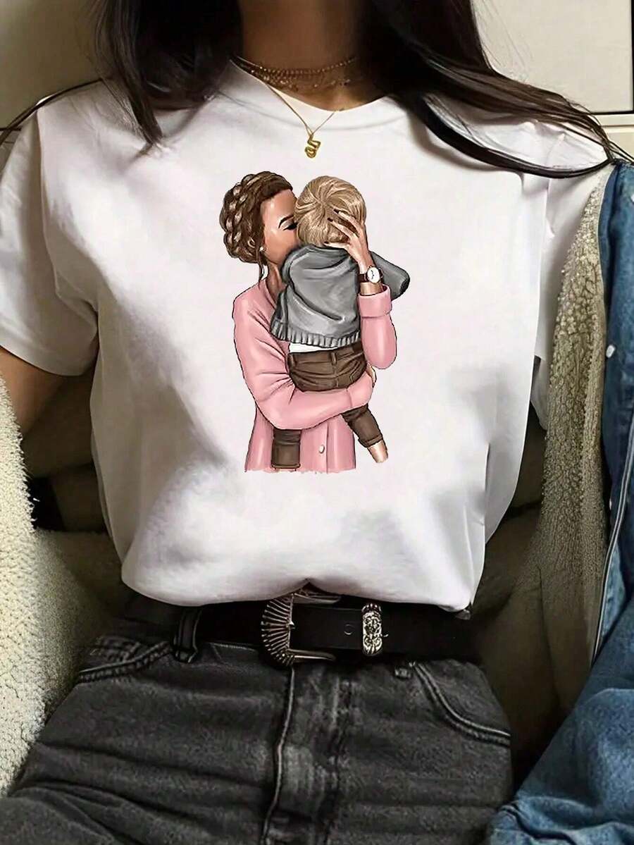 Camiseta casual de manga corta con estampado para mujeres a la moda - Blanco - Ver 1