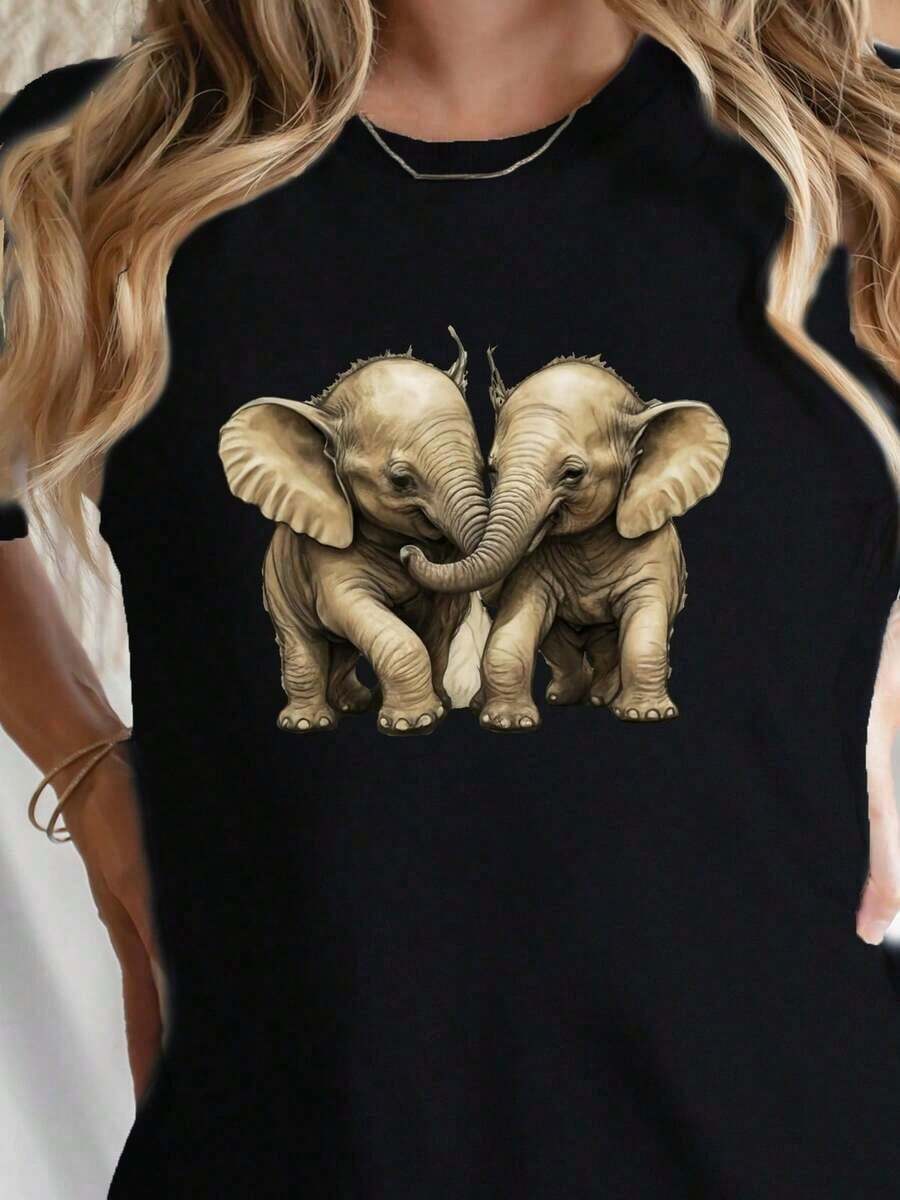 Diseño Elefante Camiseta Unisex Confort Estilo Casual Animal Impreso Diario Elegante Negro Algodón Moda Juvenil Tallas Variadas Ropa Popular Camisetas Elefante - Negro - Ver 1