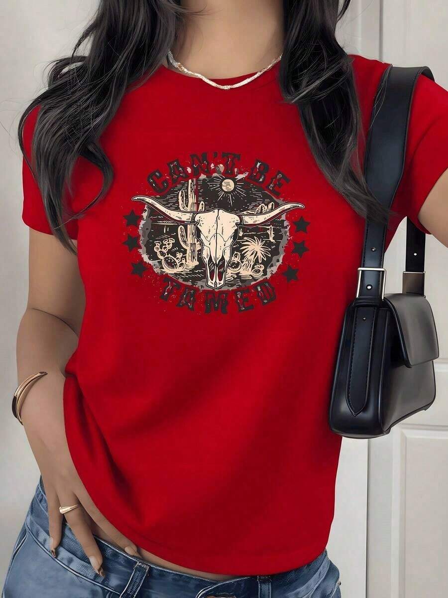 Camiseta con Estampado Gráfico de Calavera del Desierto Occidental, 180g, 1 Pieza, No Se Puede Domar, Camiseta Casual de Mujer 100% Algodón, Estilo Vintage Boho - Rojo - Ver 1
