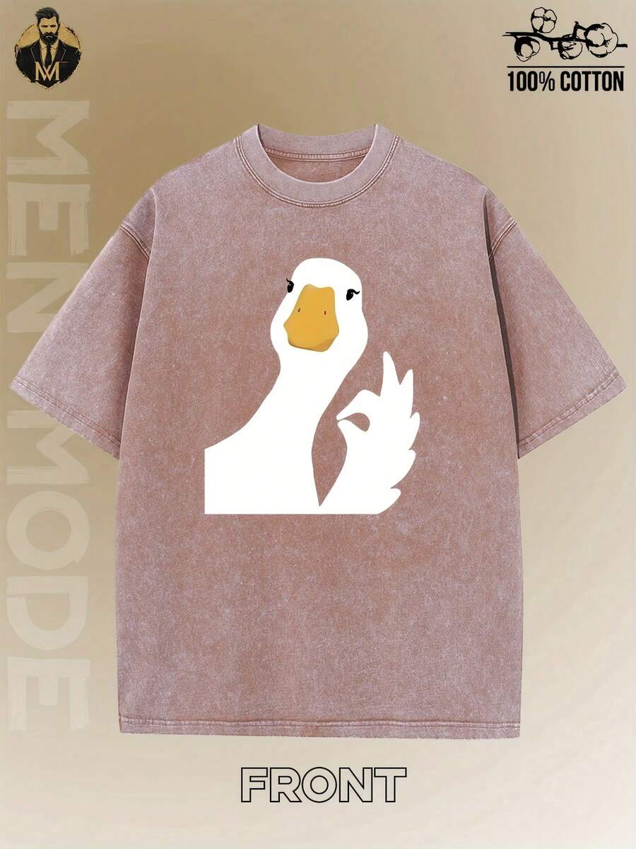 Pure Cotton T-Shirt With White Goose Print, Oversized Style For Men And Women, Casual Round Neck, Short Sleeve, Weight 230 Grams, 100% High Quality Pure Cotton, Thick And Durable, Vintage Wash, Elegant. - 咖啡色 - 查看 1