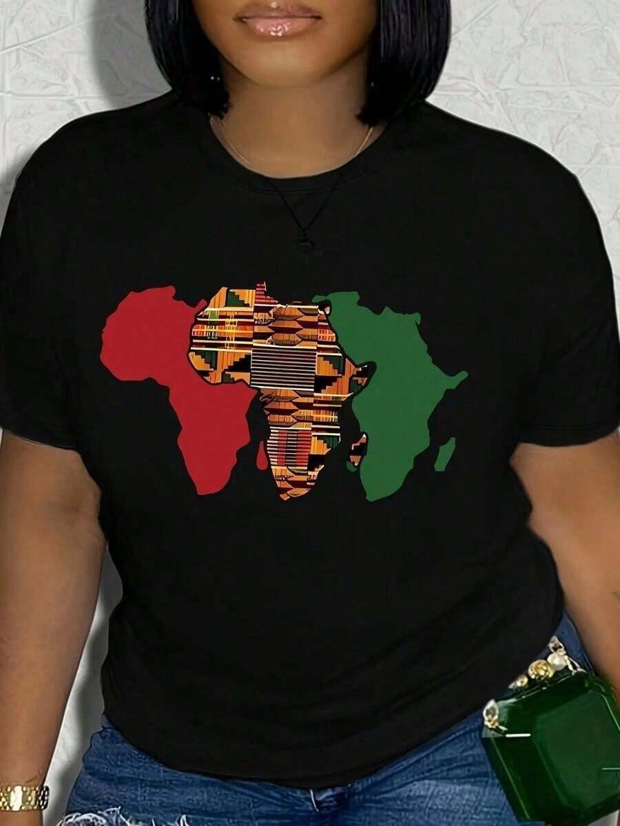 Camiseta única Y2K con diseño artístico de mapa de África en colores vibrantes, inspiración cultural ideal para los amantes de la moda. Perfecta para crear un estilo original y auténtico. Haz parte de la  y destaca con esta prenda exclusiva. - Negro - Ver 1