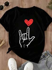 Camiseta Casual para Mujer con Estampado de la Mano de Rock para Uso Diario y Salidas - Negro - Ver 2