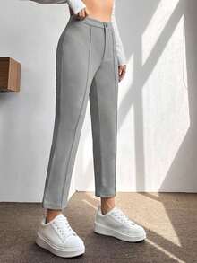 PETITE Pantalones De Mujer De Primavera De Cintura Alta Con Pliegue Prensado Cónico - Gris - Ver 4