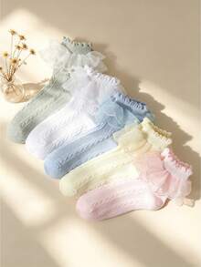 1/5 Pairs Girls' Lightweight Lace Ruffle Mesh Socks, Breathable Lace Trim Socks, Princess Style, Suitable For Daily Wear, Parties, Back To School, Spring/Summer - Multicolor - View 1