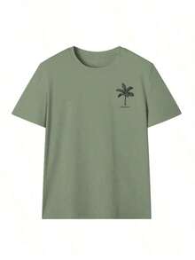 Women's Short-Sleeved T-Shirt With A Round Neck And Palm Print, A Casual And Modern Style, Ideal For Summer, Your Everyday Essential. Printed T-Shirt, White Top For Women, Top, Pink Top, Holiday Set, 100% Cotton - 綠色 - 查看 5