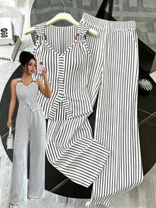 Conjunto de dos piezas de top sin mangas con hombros abiertos y decoración metálica, y pantalones con estampado de rayas para mujer. Adecuado para fiestas, citas, cenas, vuelta al colegio, Día del Maestro, Día de la Madre, festivales, uso diario casual, ir al trabajo, vacaciones. - Multicolor - Ver 7