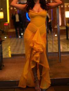 Vestido Mujer Primavera Verano Estilo Europeo Tul Tirantes Irregular Liso Ajustado Estilo Picante Elegante para Fiesta - Amarillo - Ver 8