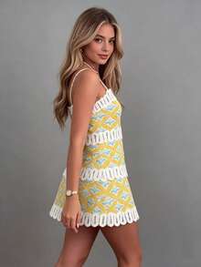 Floral Print Mini Dress Spaghetti Strap Lace Trim A Line Dress Cute Summer Outfit For Women - Màu vàng - Xem 7