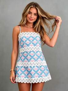 KZKZWK Women's Floral Print Corset Mini Dress, Spaghetti Strap With Lace Trim, Y2K Aesthetic, Summer Flared Skirt, Bodycon Short Dress, Fairycore Style, Vaca - 藍色 - 查看 5