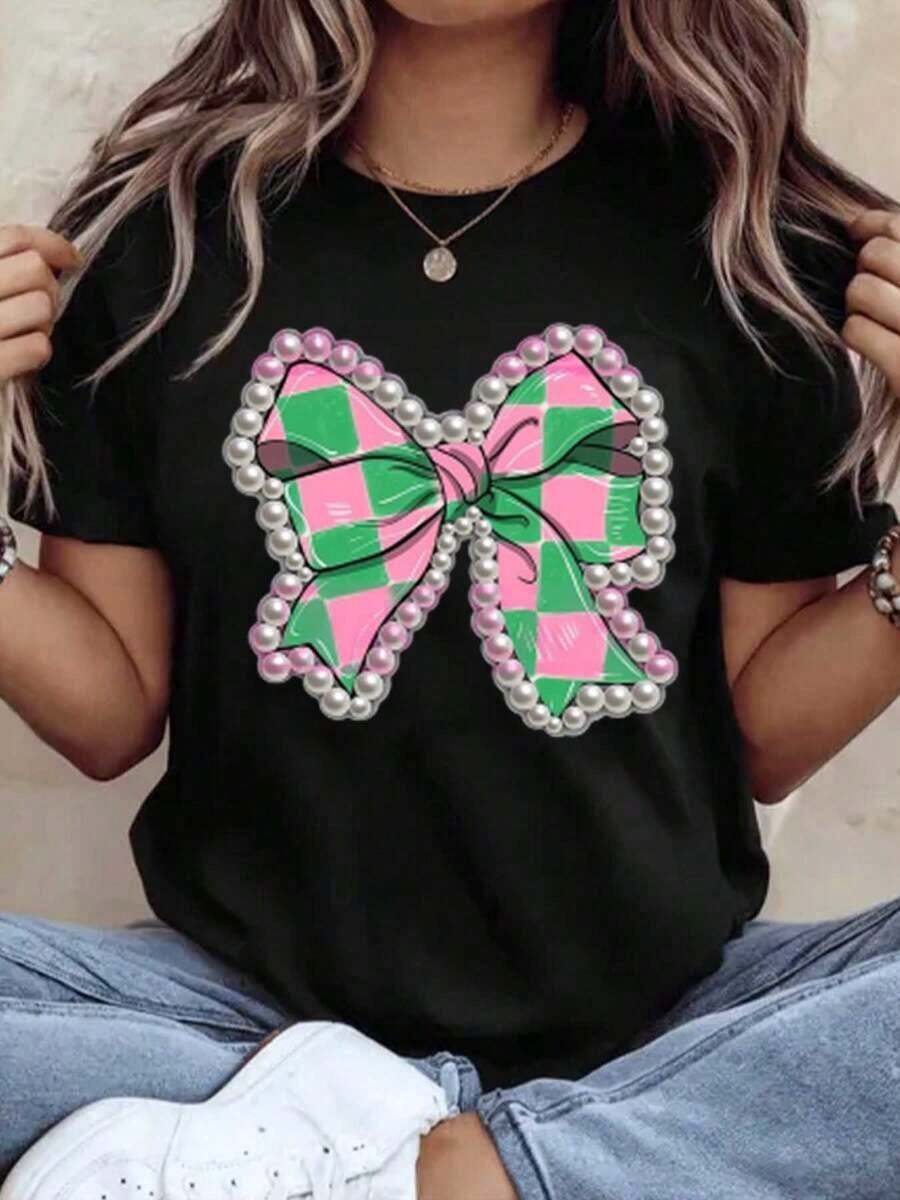 100% Pure Cotton, Unisex Casual Short-Sleeved Women's T-Shirt, Pink And Green Plaid Design With Bow, Gifts For Family And Friends, Comfortable Clothing For All Four Seasons, Suitable For Wearing At Home Parties. - 黑色 - 查看 1