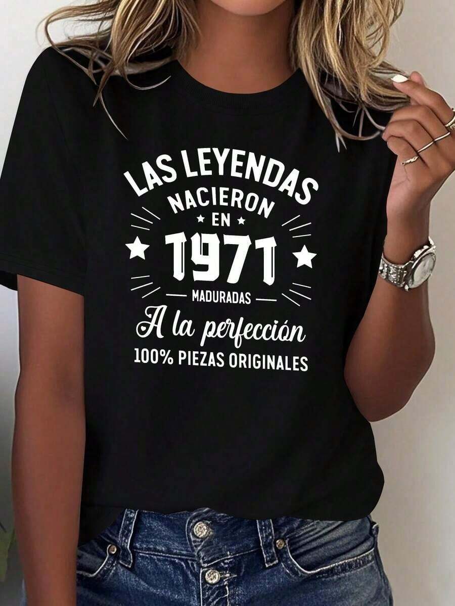 ComfortableCamisetas Gráficas España LAS LENDAS NACIDON EN 1971 Camiseta cómoda de algodón puro para mujer 100% algodónFashion All-match Women's Short Sleeve T-shirt, Basic Style for Inner & Outer Wear - Negro - Ver 1