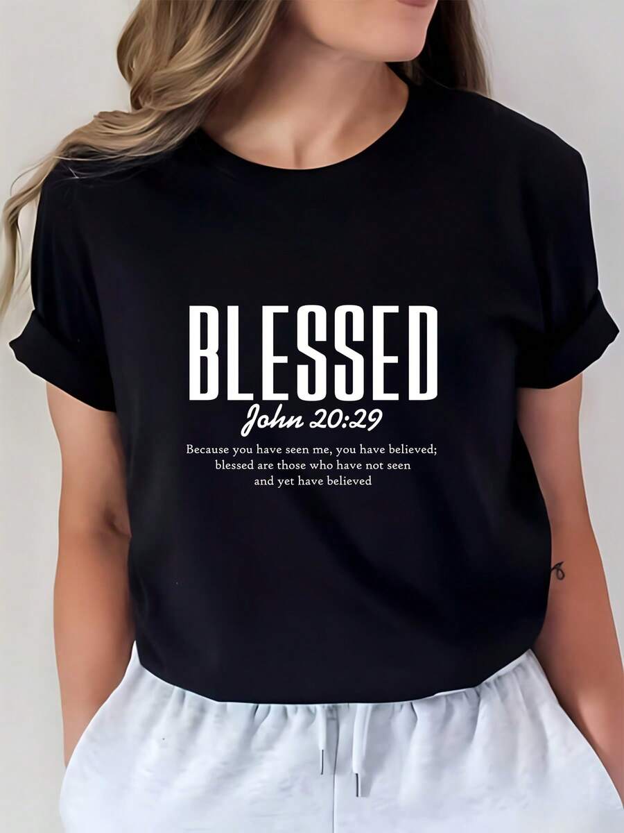 Camiseta cristiana con la frase "Gospel John 20:29", 180g, cómoda y suave, camiseta estampada para mujer. Regalo perfecto para iglesias y reuniones familiares. - Negro - Ver 1