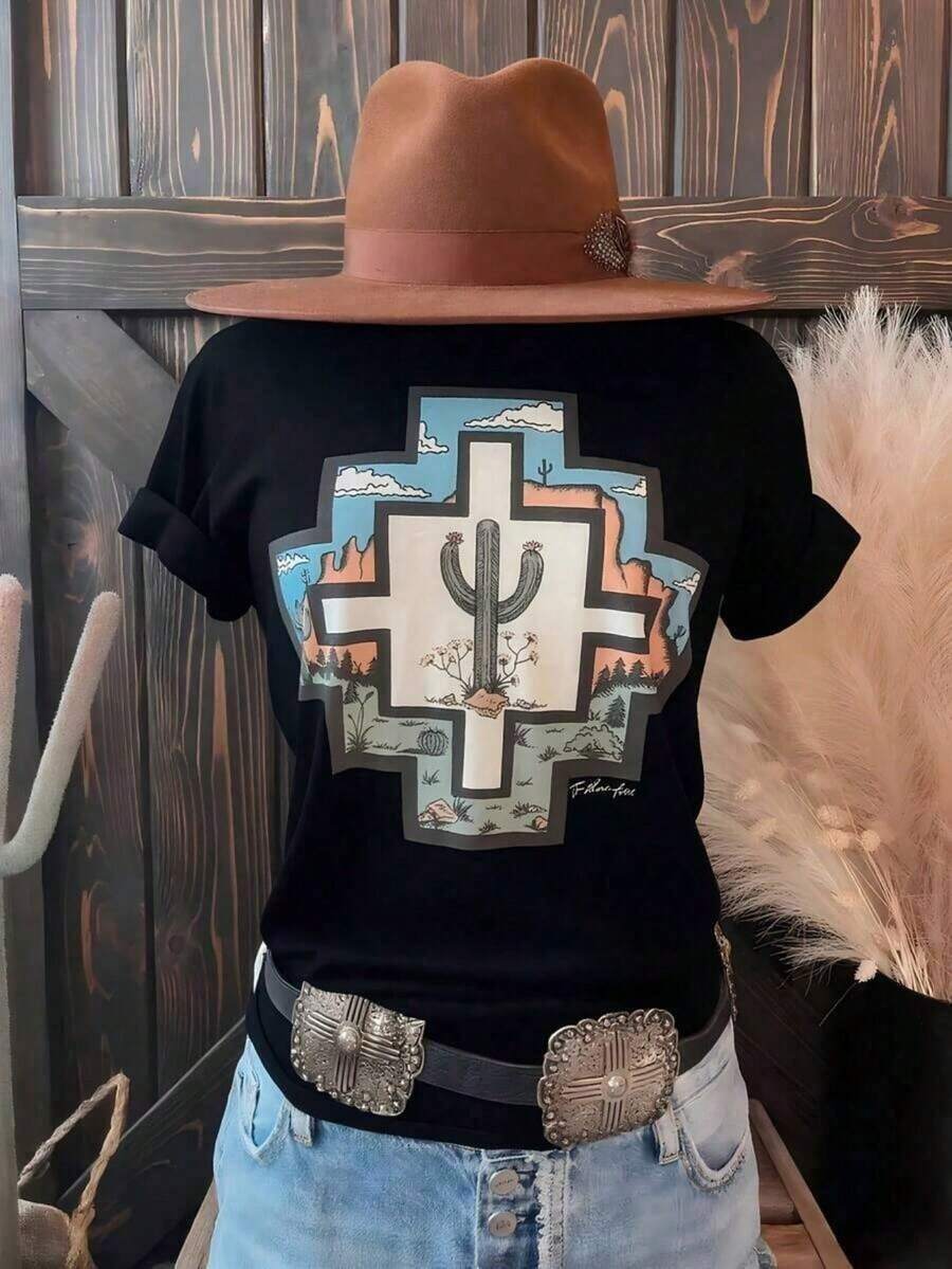 1 Piece Women's Summer T-Shirt, 100% Cotton, Vintage Western Style With Desert Cactus Design, Geometric Frame Graphic, Casual Boho Style, Plus Size Summer Top, 180g 100% Cotton - 黑色 - 查看 1