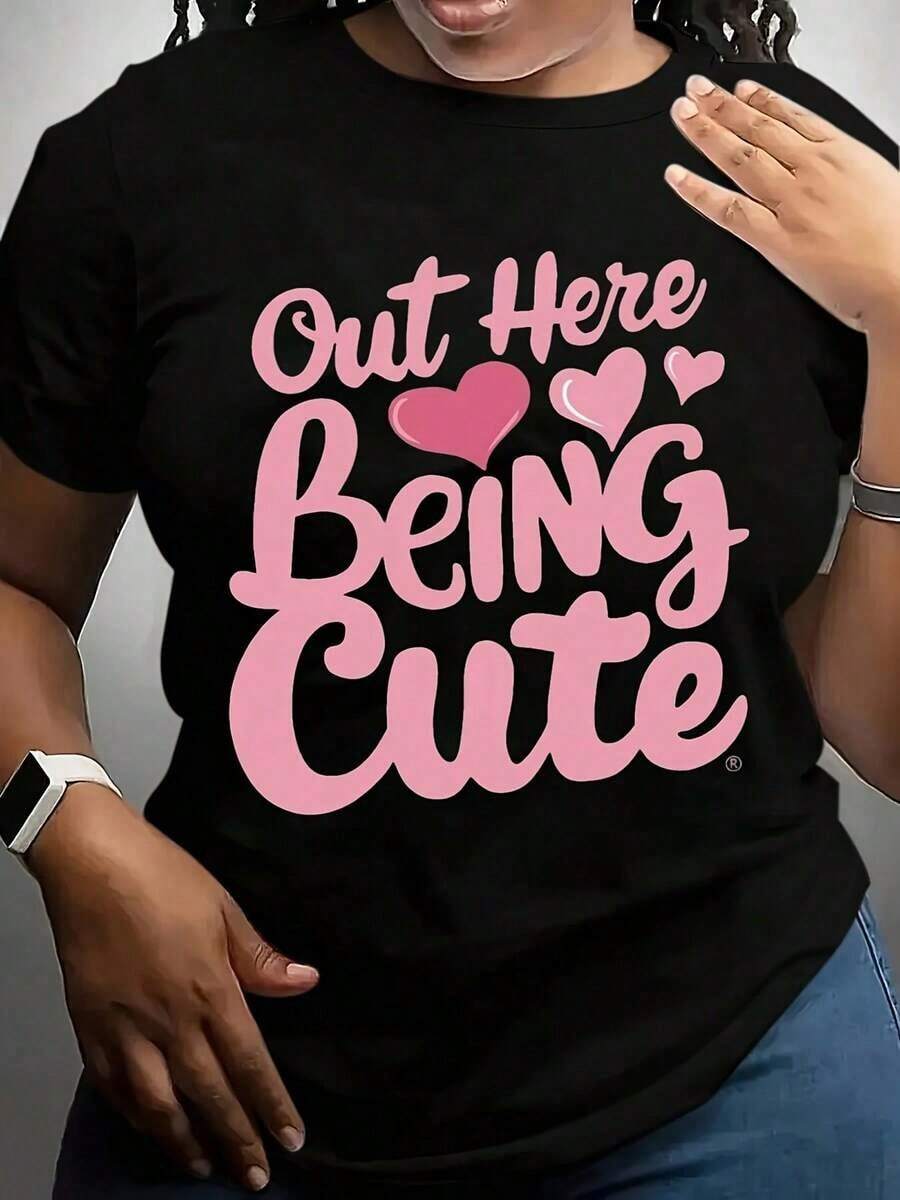 100% algodón, Camiseta de mujer, Talla grande, Camiseta casual de manga corta para mujer, Estampado de corazón rosa, Estilo casual, Top de verano para uso diario. - Negro - Ver 1