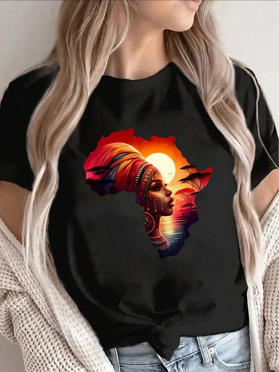 Camiseta de mujer, ligera y resistente, de manga corta, con diseño de mapa de África y atardecer, perfecta para uso casual en casa o para salir, ideal para el uso diario en lugares como la sala de estar o el comedor. - Negro - Ver 1