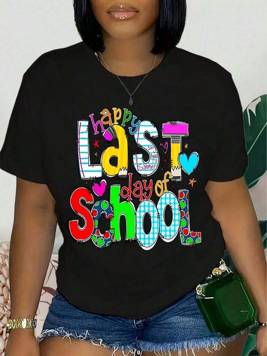 Women's Short-Sleeved T-Shirt, Soft And Breathable, 100% Cotton, With A Graphic Print Themed For Teachers, Casual Round Neck For The Back-To-School Season, Versatile T-Shirt For Educators And Mothers, T-Shirt For Teachers. - 黑色 - 查看 1