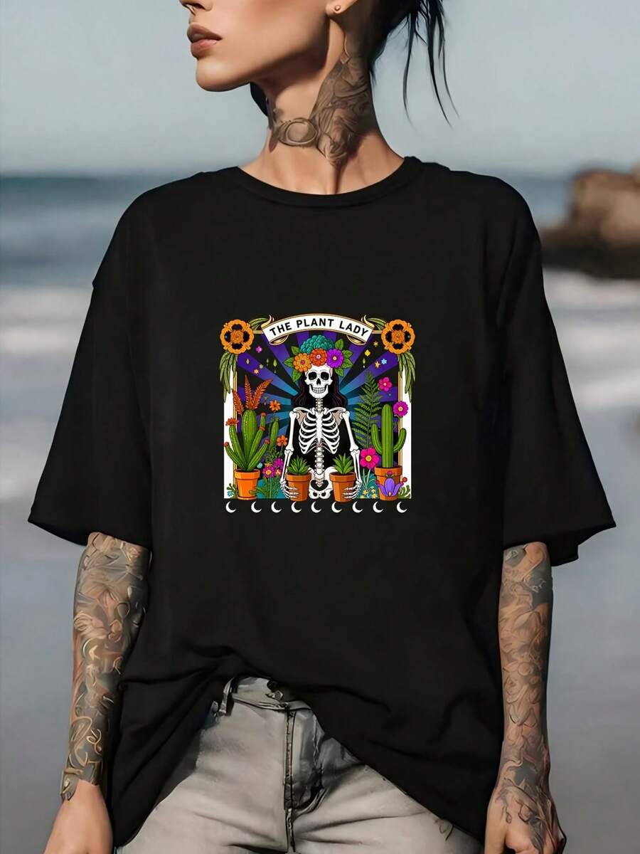 Camiseta con diseño de esqueleto femenino con temática de plantas, divertido regalo de Halloween para mujeres, camiseta de verano única, ropa unisex para vacaciones, material, camiseta para salidas de oficina. - Negro - Ver 1