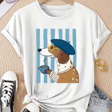 1 pieza de camiseta de manga corta con cuello redondo para mujer, elegante, con estampado de rayas de perro color café, cómoda, suave, transpirable, de nuevo estilo, a la moda, sencilla, retro, fresca, versátil, informal, adecuada para primavera, verano, otoño e invierno, estilo deportivo. 180g 100% Algodón - Blanco - Ver 1