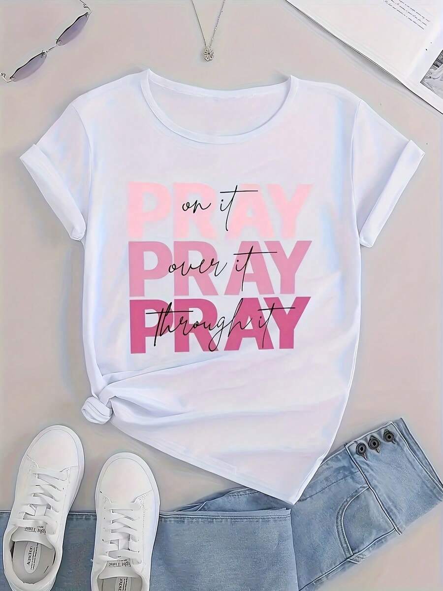 Fashionable Women's T-Shirt With Prayer Print - Comfortable And Casual Short-Sleeved Round Neck T-Shirt, Suitable For Everyday Wear And For Elegant Combinations. - 白色 - 查看 1