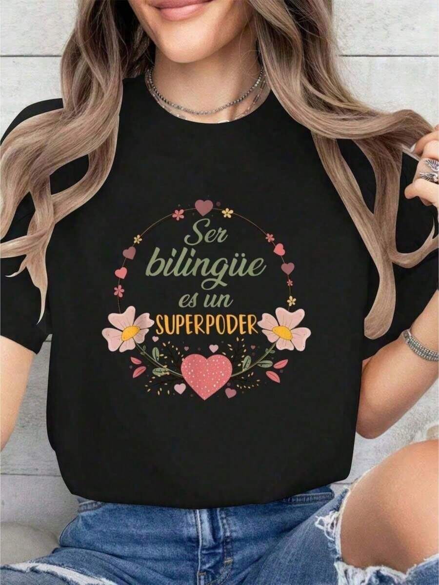 Premium Bilingual es súper potente. Camiseta de algodón estampada para profesores de español, estilo veraniego para clases de inglés como segunda lengua, suave, de manga corta para mujer, camiseta estampada moderna y cómoda, ecológica. - Negro - Ver 1
