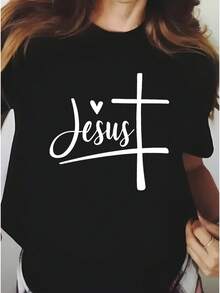 Fashionable Women's Athletic T-Shirt With A Simple And Versatile Design, Featuring A Jesus Cross Print. It Has Elasticated Short Sleeves, A Round Neck, Is Machine Washable, Suitable For All Seasons, And Ideal For Everyday Activities And Outdoor Leisure. Made Of Cotton. - 黑色 - 查看 7