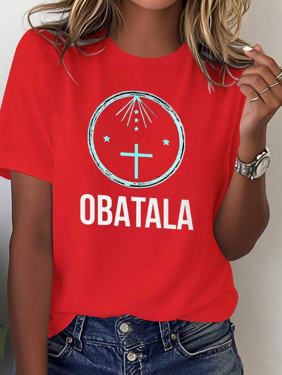 Women's Casual Short-Sleeved T-Shirt, Solid Color With Printed Design, Comfortable And Versatile. - Merah - View 1