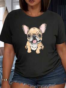 Camiseta Blanca para Mujer con Estampado de Cachorro Bulldog Francés, Estilo Casual de Verano, Ideal para Fiestas al Aire Libre, 220g Adecuado como regalo. playera de mujer. blusas>elegantes. boho chic,Top de mujer suave, transpirable y cómodo, ideal para primavera, verano y otoño, perfecto para vacaciones, viajes y uso diario. - Negro - Ver 5
