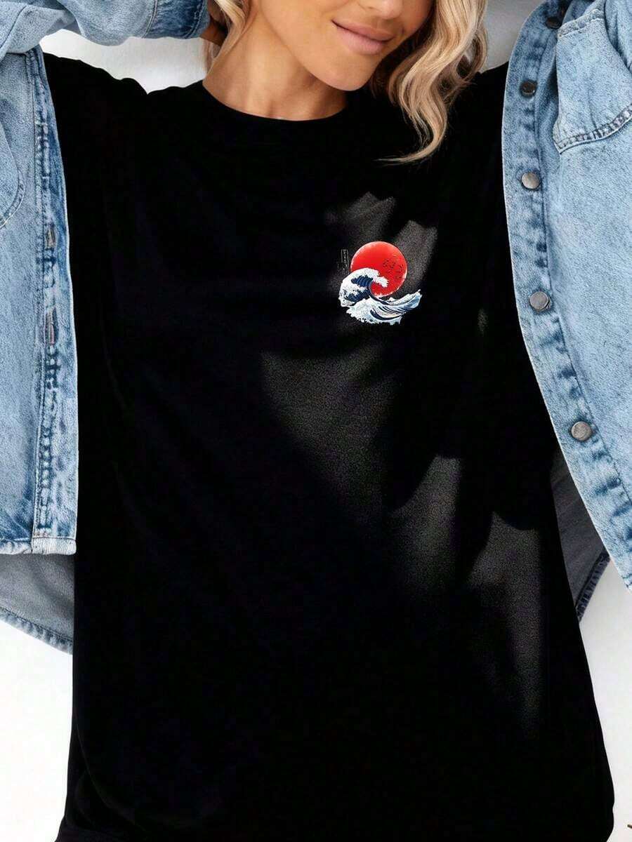 Camiseta Casual de Mujer con Diseño de la Gran Ola de Kanagawa de Katsushika Hokusai - Estilo Japonés - Moda - Negro - Ver 1