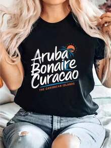 2026 Curaçao Bonaire Aruba Islas del Caribe Camiseta de Vacaciones ABC Blusas Para Mujer Casual - Negro - Ver 4