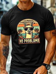 S 'NO PROBLEM' Graphic Print Summer Tops With Funny Alpaca With  Glasses Lightweight Short Sleeve Summer T-Shirt With Crew Neck, Slightly Stretchy, Umbrella Hem, Comfortable For Everyday Wear And Beach, Funny Animal Print Top For , Loose And Comfortable. - 後退 - 查看 12