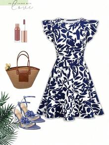 Vestido de línea A con cintura ceñida y mangas con volantes, vestidos de verano para mujeres, conjuntos de verano para mujeres, atuendos para cena de vacaciones, atuendos de verano para mujeres, vestidos, ropa de vacaciones para mujeres, atuendos de primavera para mujeres, vestidos, atuendos de vacaciones para mujeres, vestidos casuales para mujeres, vestidos con estampado floral para mujeres - Albaricoque - Ver 9