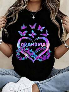 Camiseta Blanca para Mujer con Estampado de Corazón de Abuela y Mariposa - Perfecta para Reuniones Familiares y Regalos del Día de la Madre Adecuado como regalo. playera de mujer. blusas>elegantes. boho chic,Top de mujer suave, transpirable y cómodo, ideal para primavera, verano y otoño, perfecto para vacaciones, viajes y uso diario. - Negro - Ver 7