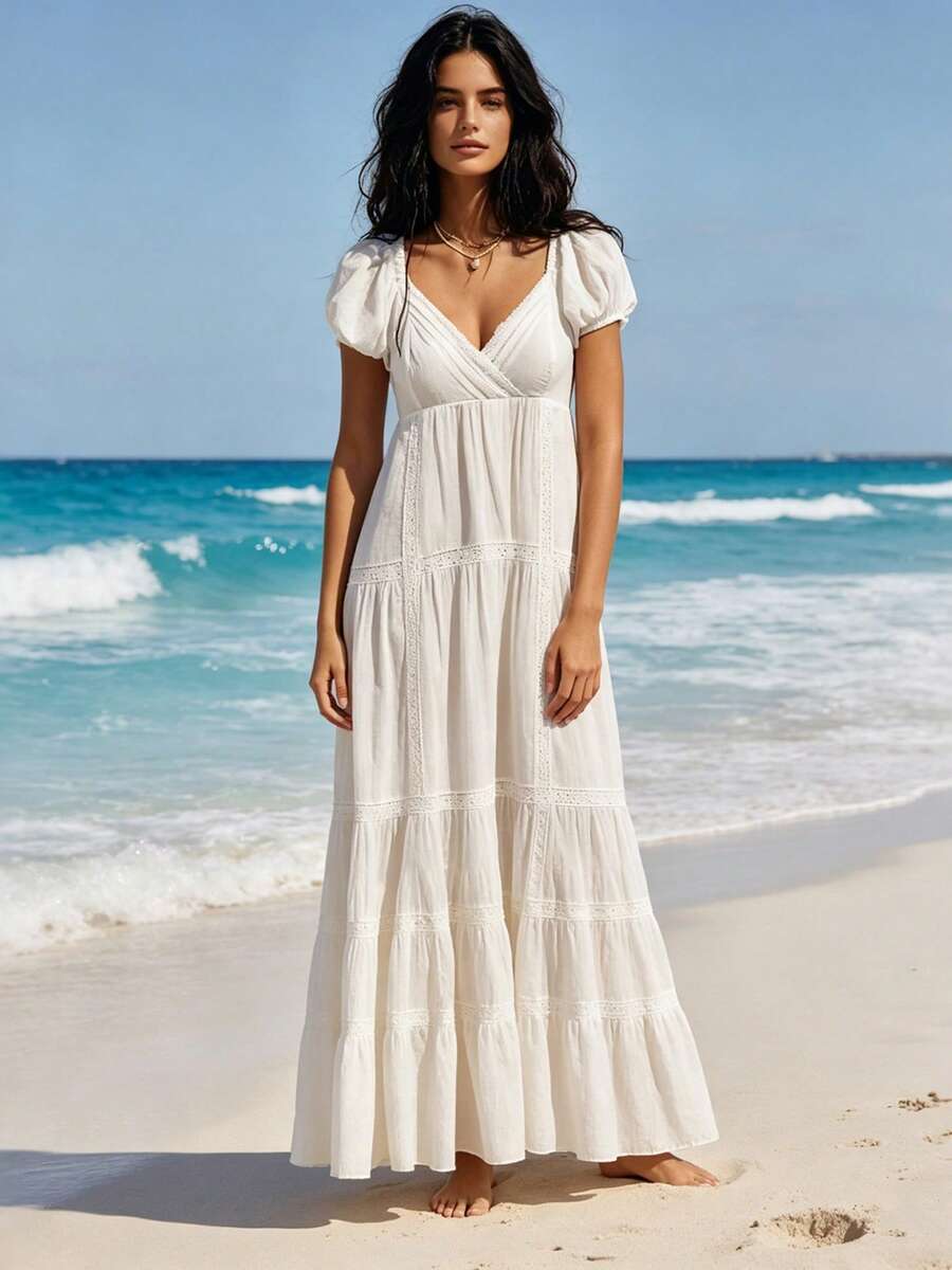 Women's V Neck Long Dress Fashionable Solid Color Lace Patchwork Short Puff Sleeve Flowy Dress - White - View 1