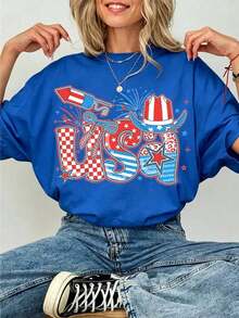 New Women's Casual Cotton Short Sleeve Round Neck Graphic Print T-Shirt, Vintage Urban Style, Unisex, Loose Fit, Ideal As An Independence Day Gift. - 藍色 - 查看 7